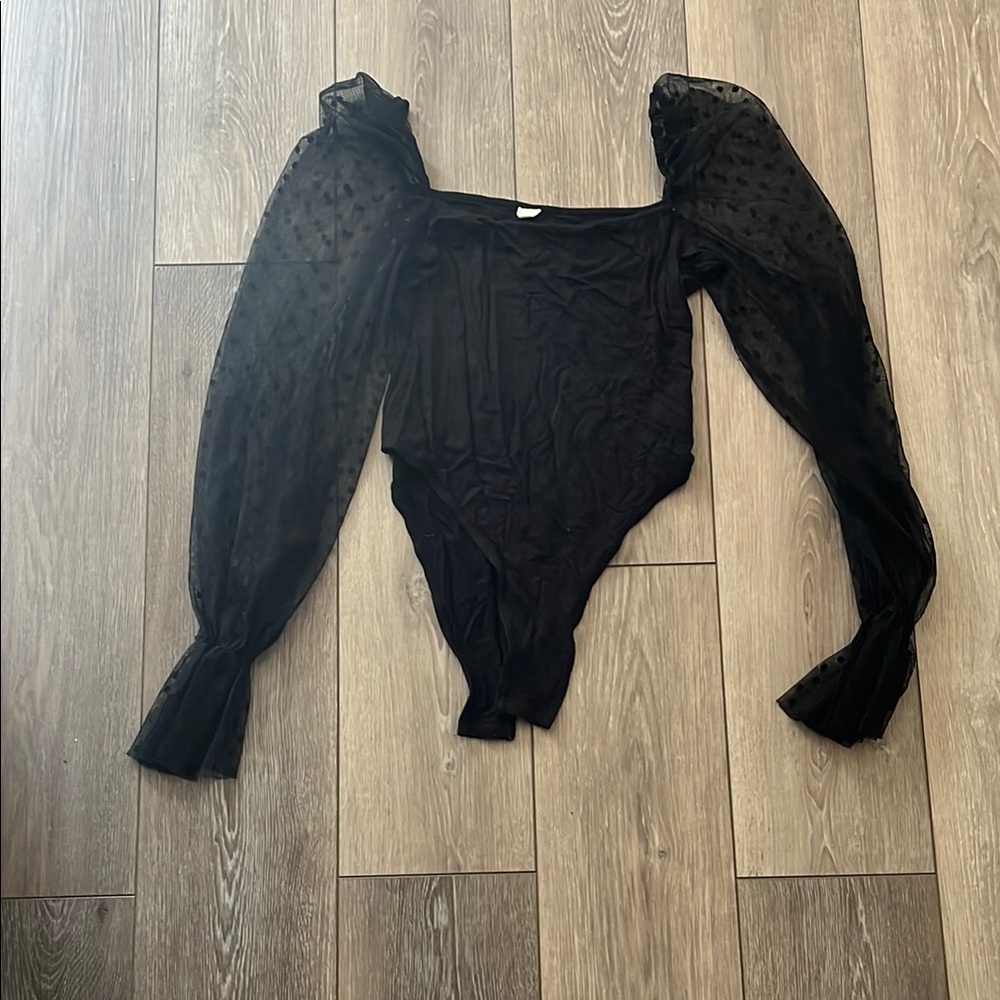 Black Asymmetrical Puff Sleeve Bodysuit